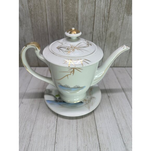 Vintage Kutani Ware Teapot 7" Tall & Plate 7" DIA Bamboo Village Golden Design - Picture 2 of 14